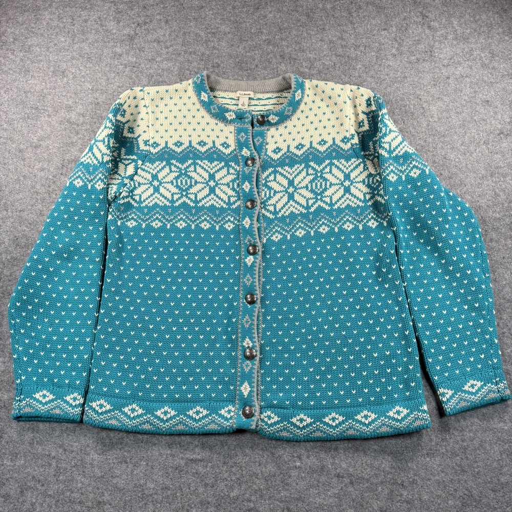 VTG LL Bean Womens L 100% Cotton Nordic Cardigan  Sweater Teal White Heavy